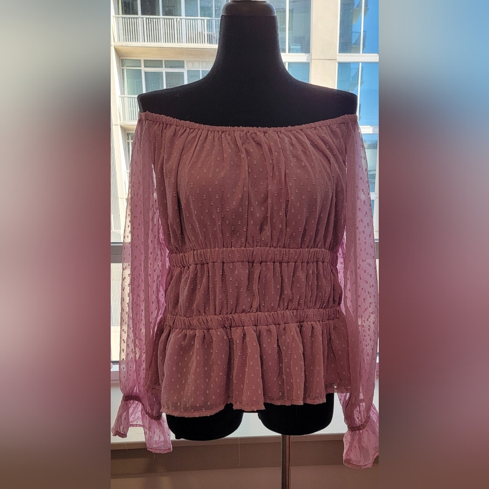 Elegant Off-Shoulder Muted Mauve/Lavender Swiss Dot Top